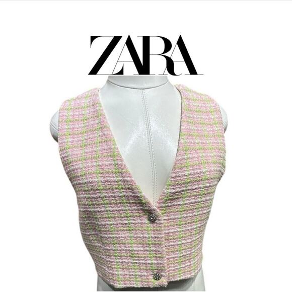 Zara Jackets & Blazers - ZARA Pink & Green Tweed Cropped Vest - Vintage-Inspired Button Front Top